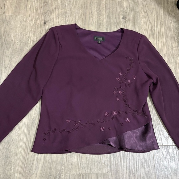 Studio I Purple Beaded Embellished Evening Blouse Top Long Sleeve Sz 18 Chiffon - Picture 14 of 14